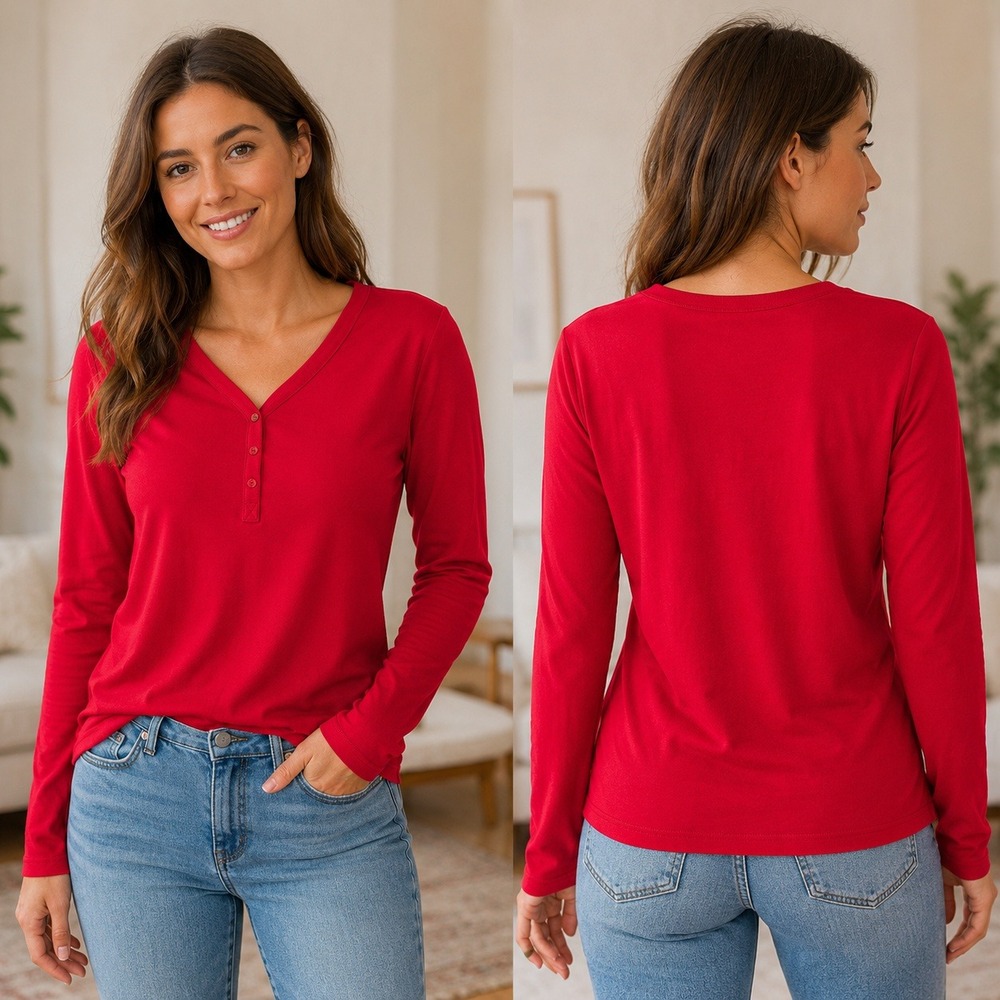 Mario Serrani Italy Womens Red Long Sleeve Henley V-Neck Knit Top Small 1797412